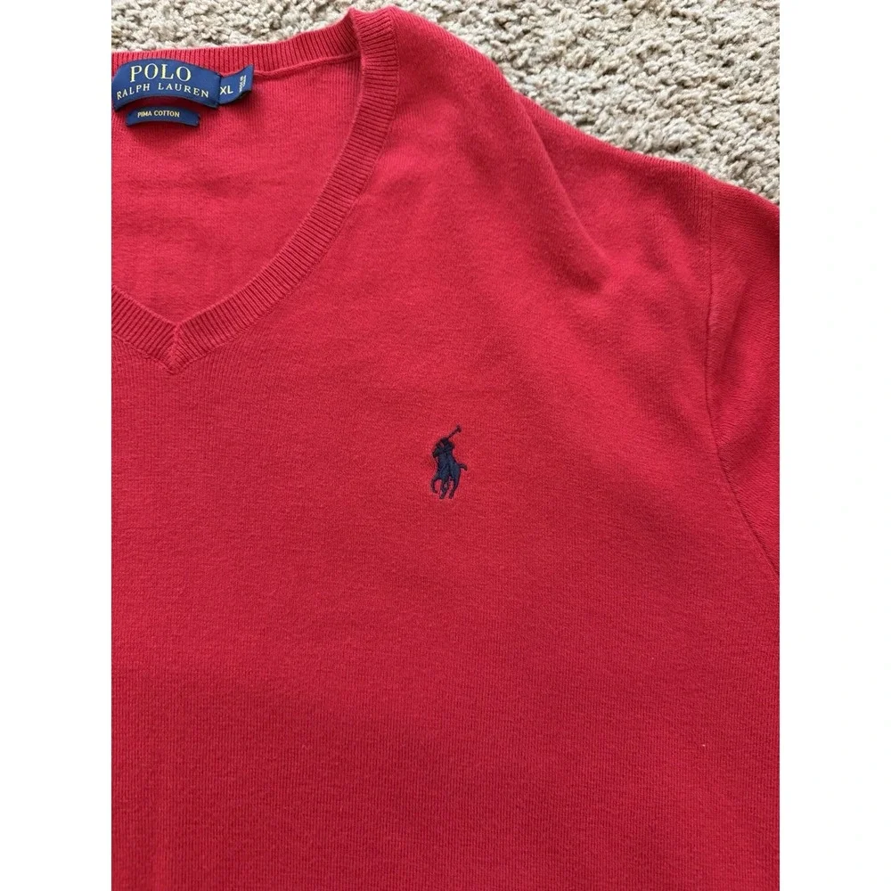 Polo Ralph Lauren Sweater Men Red Pima Cotton V Neck Pullover Lightweight Sz XL